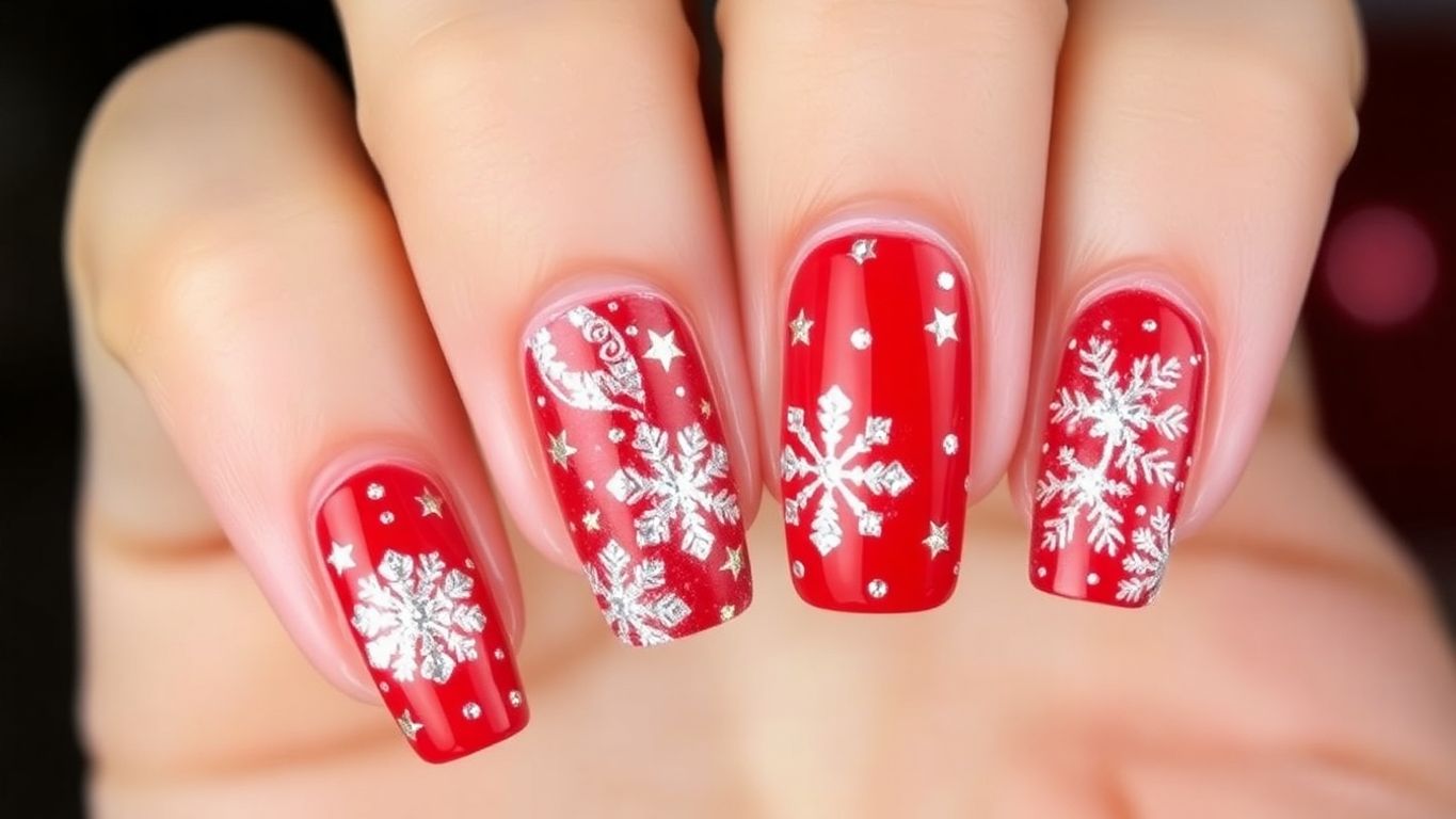 Unhas vermelhas decoradas para o Natal.